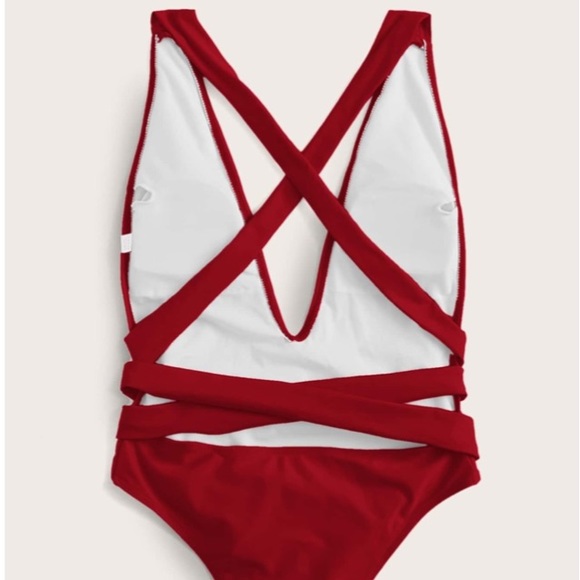 Red Lined Plunging Neckline One Piece Criss Cross Swimsuit New - Picture 2 of 10